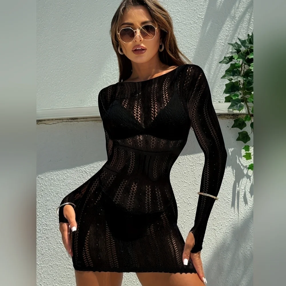 NEW Cybergoth Sexy Steampunk Whimsigoth Black Sheer‎ Fishnet Cover Up Dress